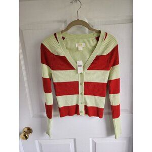NEW Maeve Striped Vneck Cardigan Button-Up Red Green Womens Size Small